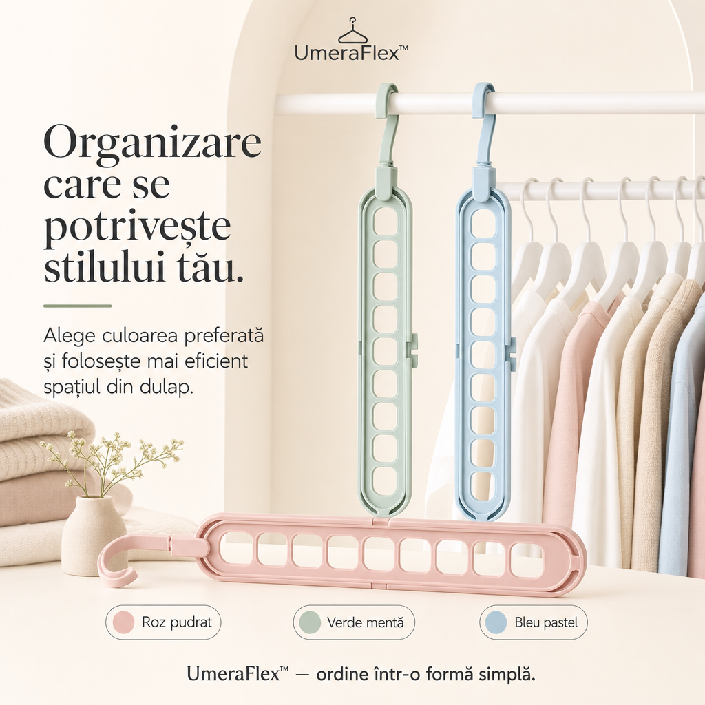 UmeraFlex™ – Suport Pliabil pentru 9 Umerașe, cu Organizare Verticală și Orizontală