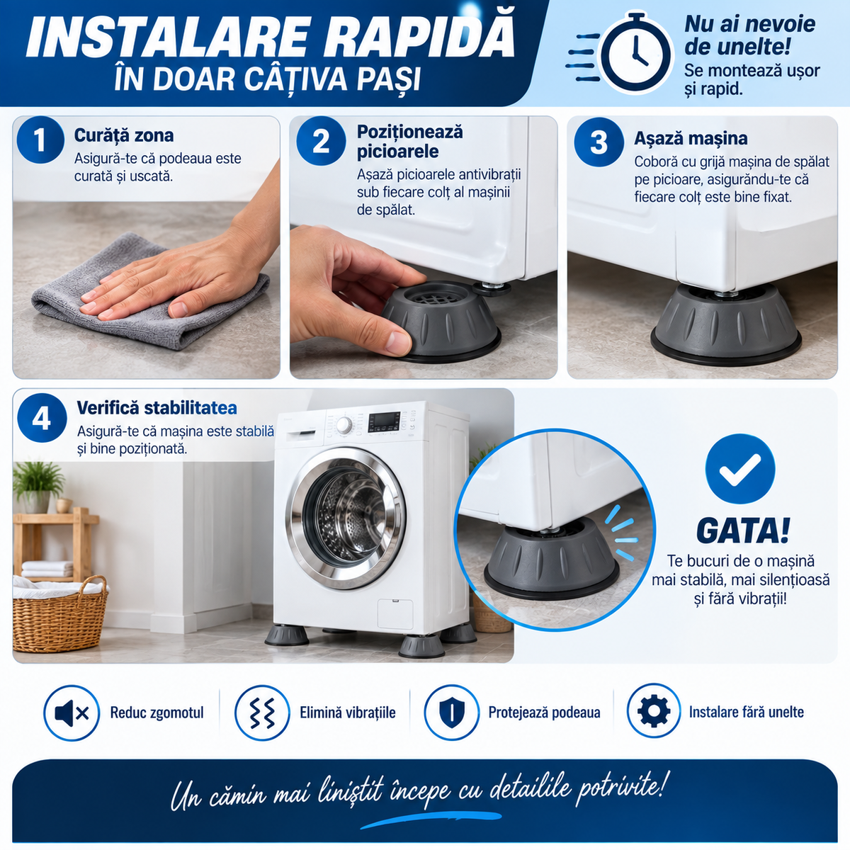 Picioare pentru Mașina de Spălat – Reduc Vibrațiile și Zgomotul