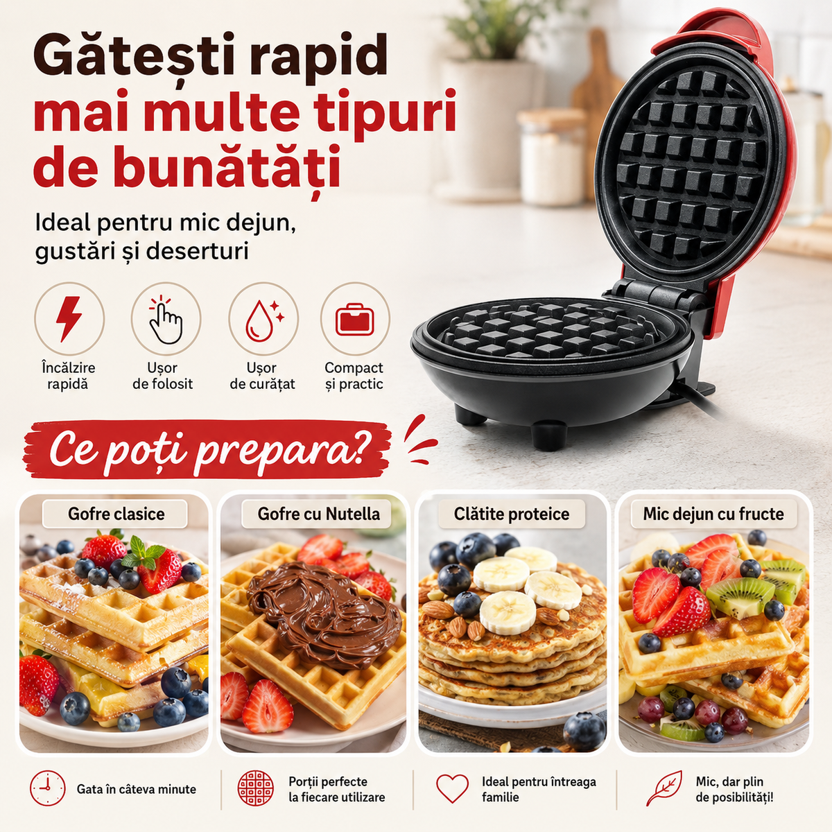 WafflePro™ – Aparat Electric de Făcut Gofre Acasă, Rapid și Ușor