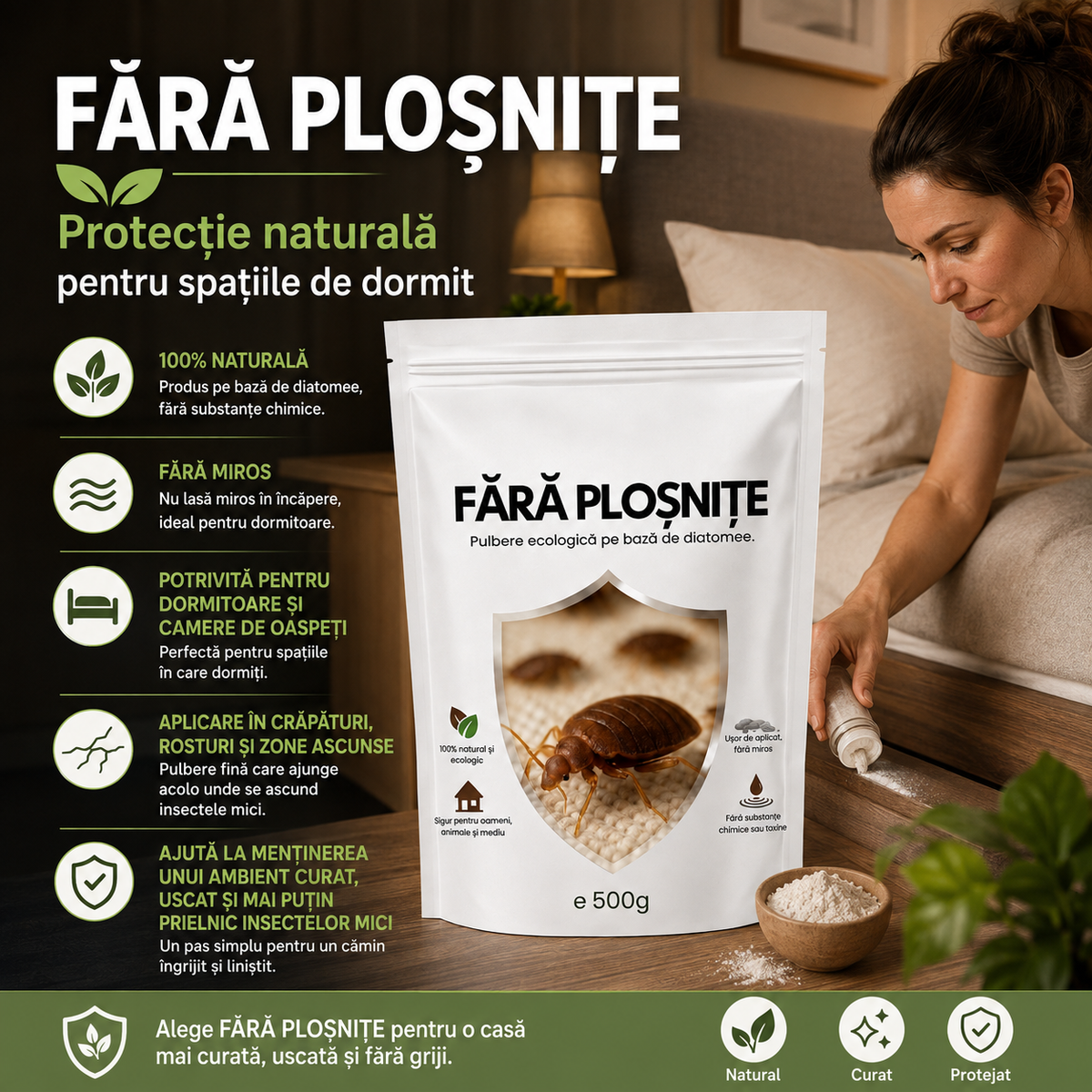 Fără Ploșnițe™ – Pulbere Ecologică pe Bază de Diatomee