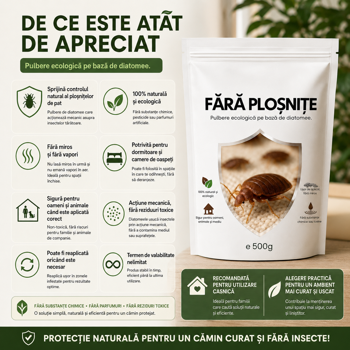Fără Ploșnițe™ – Pulbere Ecologică pe Bază de Diatomee