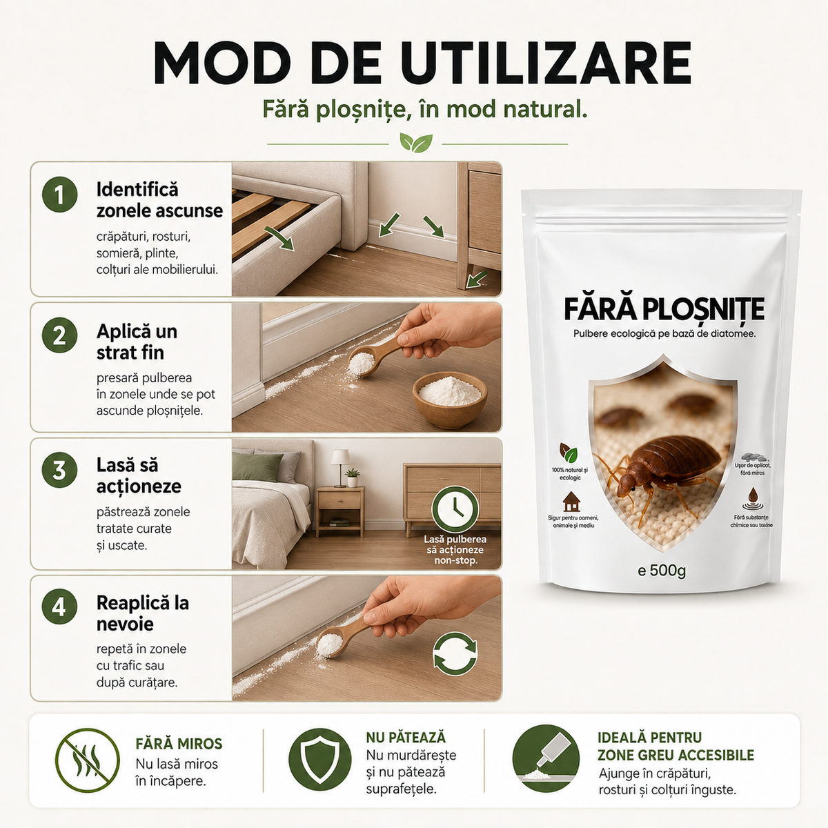 Fără Ploșnițe™ – Pulbere Ecologică pe Bază de Diatomee
