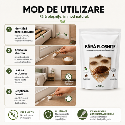 Fără Ploșnițe™ – Pulbere Ecologică pe Bază de Diatomee