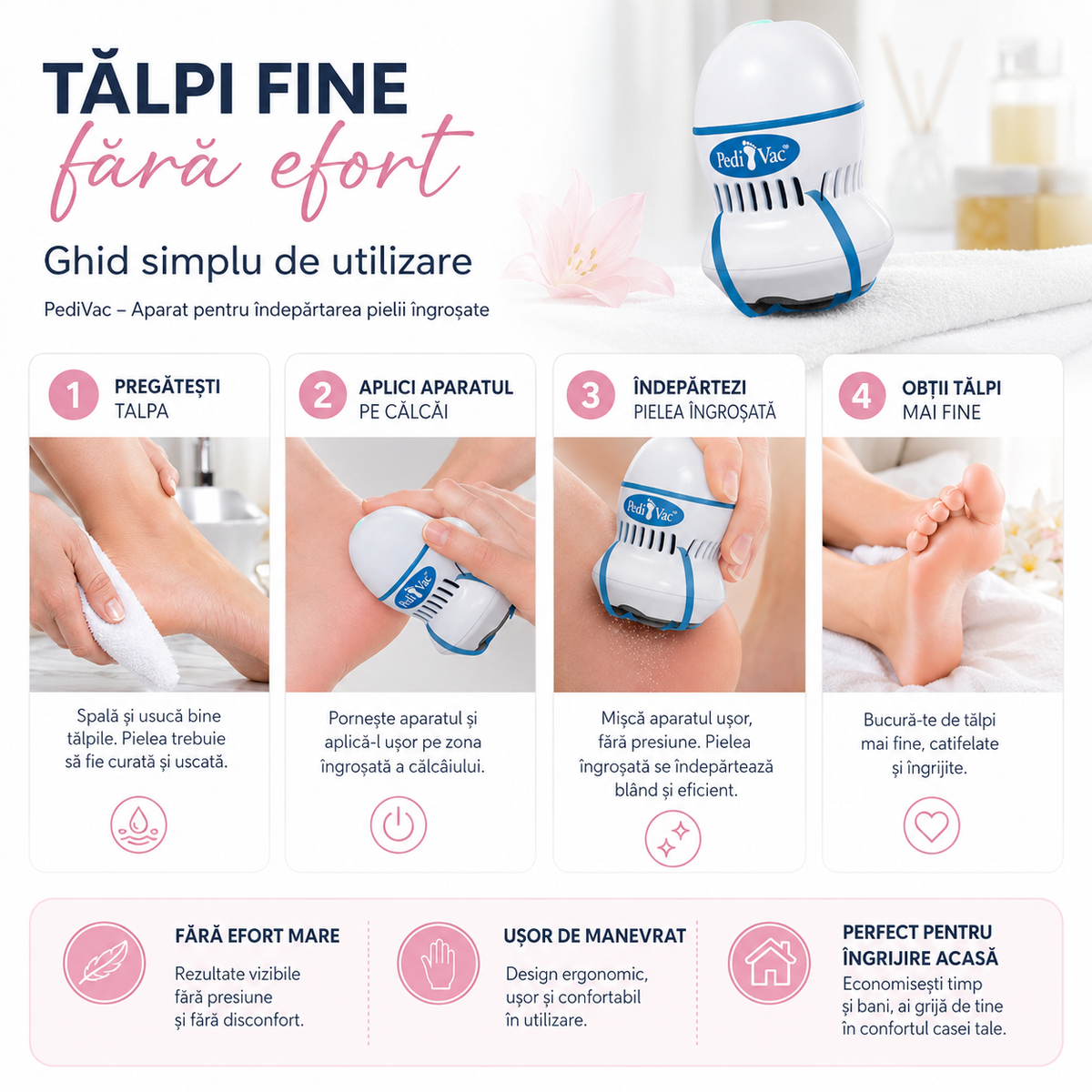 Aparat Electric pentru Îndepărtarea Pielii Îngroșate și a Calusului de pe Călcâie – PediVac