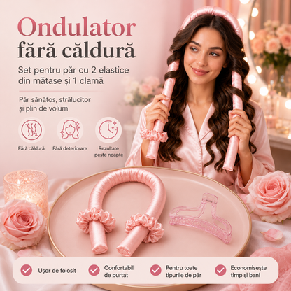 Ondulator Fără Căldură – Bucle Definite Peste Noapte | Set cu 2 Elastice din Satin și 1 Clamă