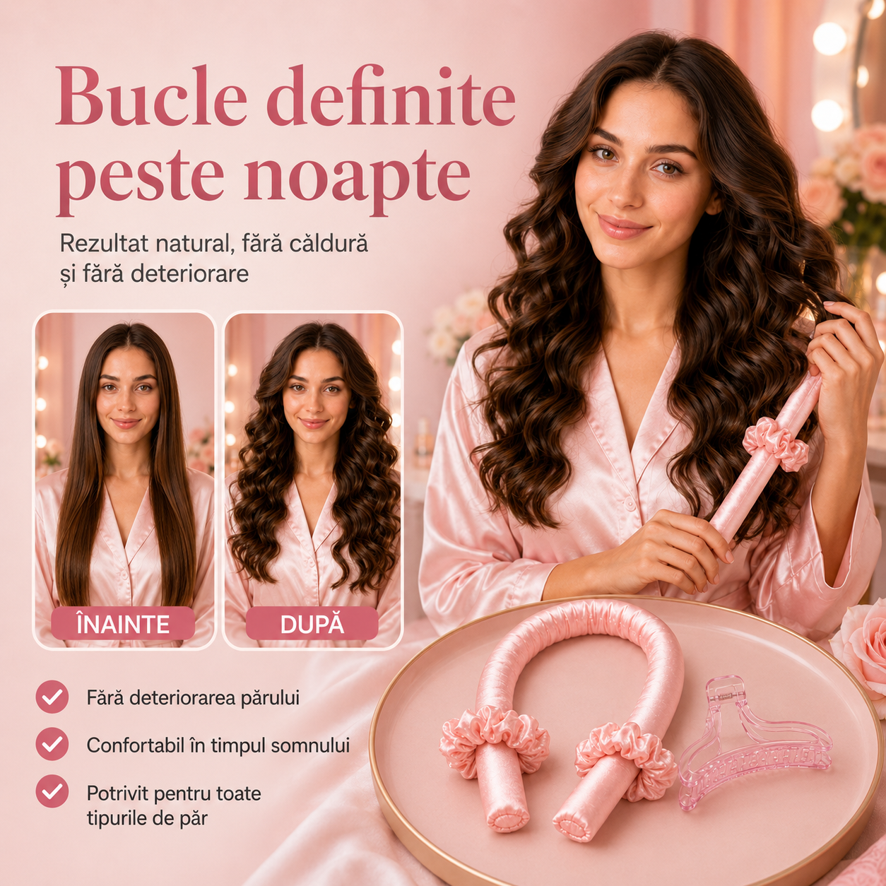 Ondulator Fără Căldură – Bucle Definite Peste Noapte | Set cu 2 Elastice din Satin și 1 Clamă