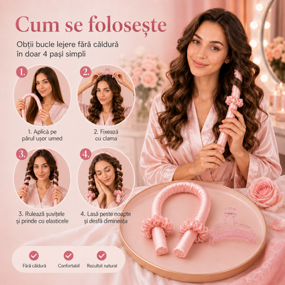 Ondulator Fără Căldură – Bucle Definite Peste Noapte | Set cu 2 Elastice din Satin și 1 Clamă