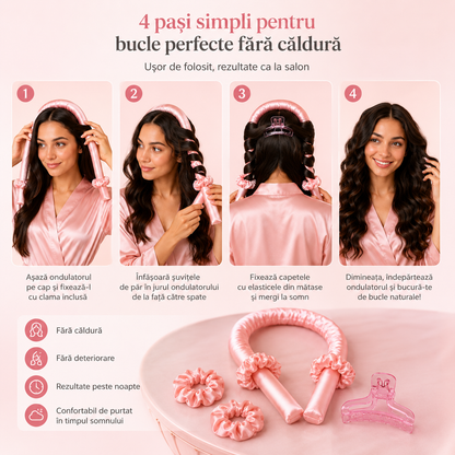Ondulator Fără Căldură – Bucle Definite Peste Noapte | Set cu 2 Elastice din Satin și 1 Clamă