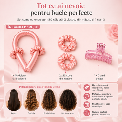 Ondulator Fără Căldură – Bucle Definite Peste Noapte | Set cu 2 Elastice din Satin și 1 Clamă