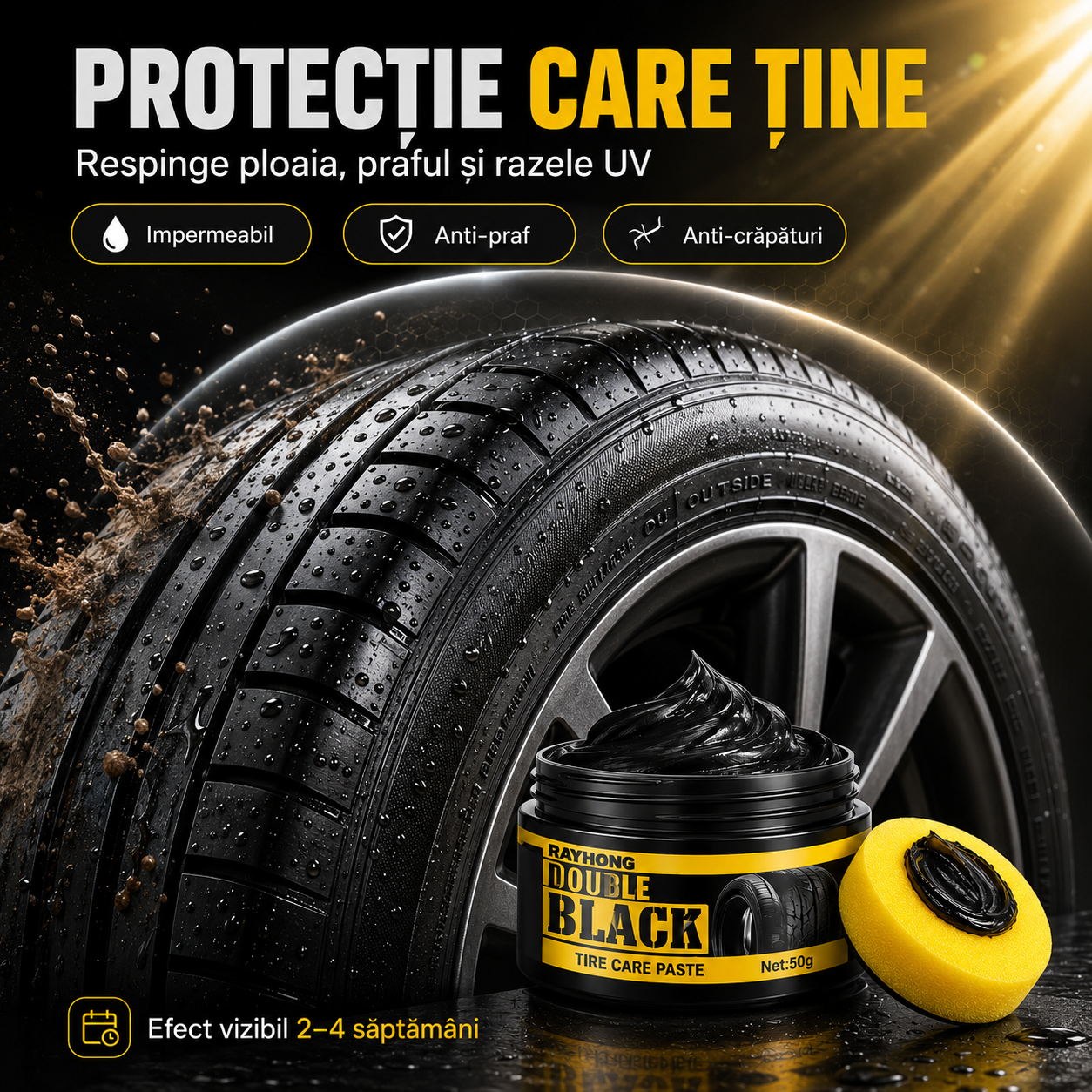 Pastă Întreținere Anvelope – Soluție pentru Luciu, Protecție UV și Negru Intens
