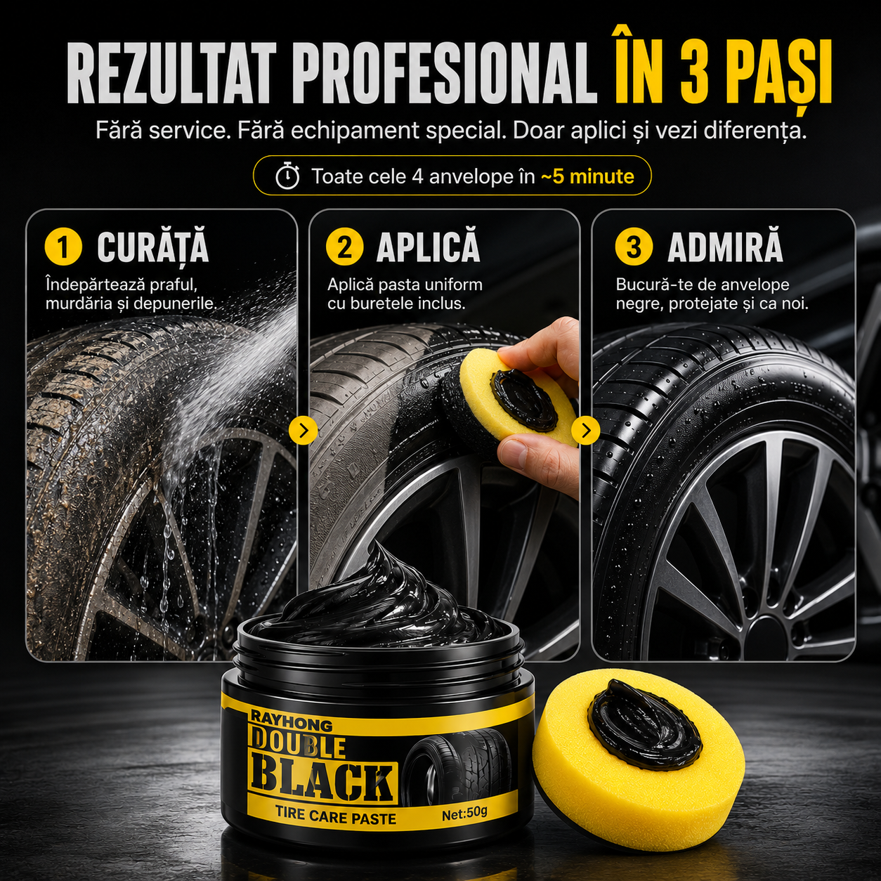 Pastă Întreținere Anvelope – Soluție pentru Luciu, Protecție UV și Negru Intens
