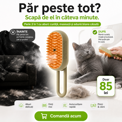 Perie cu Aburi 3 în 1 pentru Pisici și Câini — Periaj, Masaj și Curățare