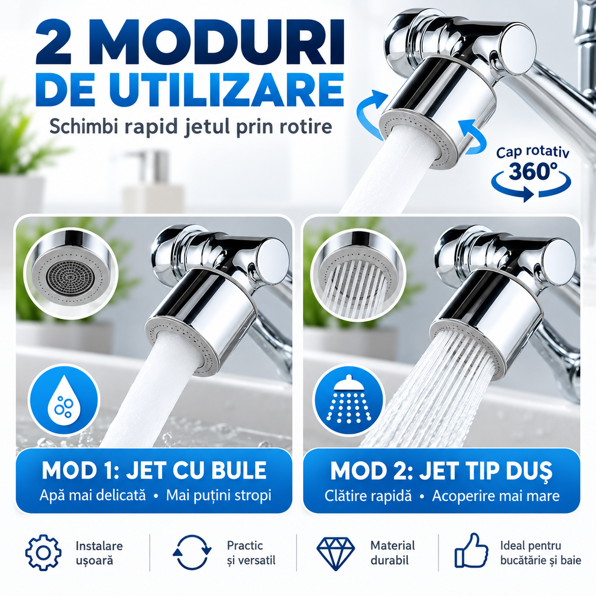 Cap de Robinet Rotativ 360° cu 2 Moduri de Jet – Pentru Bucătărie și Baie
