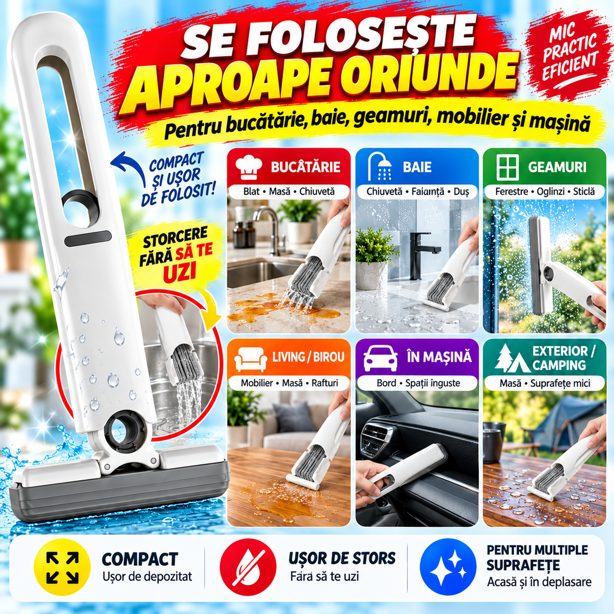 Mini Mop Multifuncțional cu Stoarcere Integrată – Pentru Bucătărie, Baie, Geamuri și Mașină