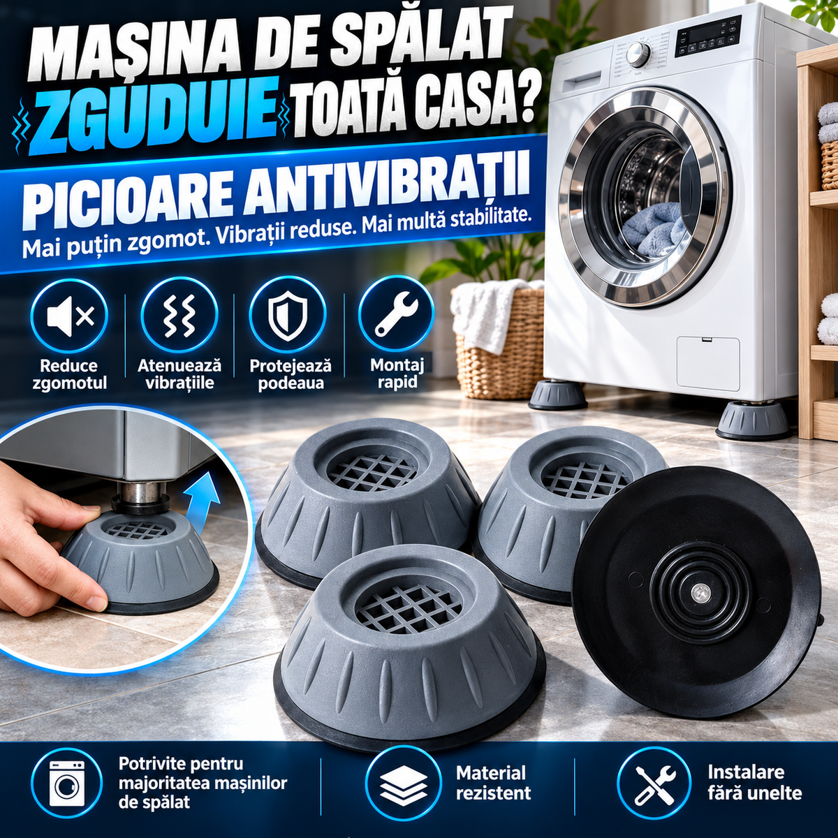 Picioare pentru Mașina de Spălat – Reduc Vibrațiile și Zgomotul