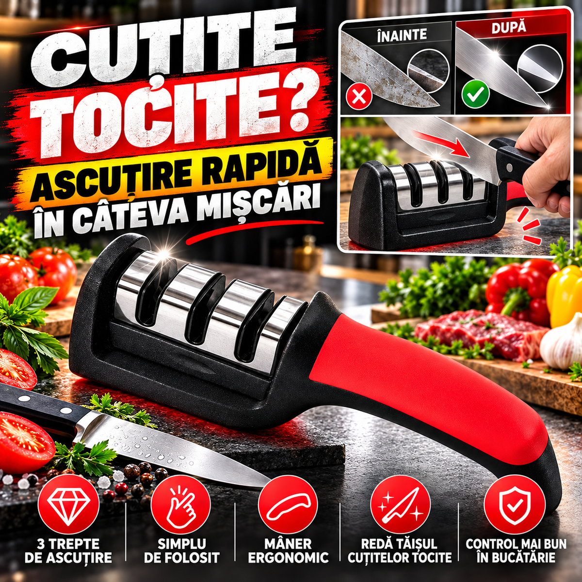 Ascuțitor Manual de Cuțite cu 3 Trepte – Rapid, Simplu și Ușor de Folosit