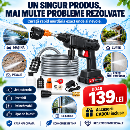 HydroJet™ – Pistol Portabil de Spălat cu Presiune, 2x Acumulator 21V + Accesorii Cadou