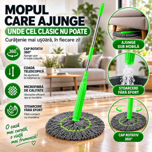 Mop Rotativ 360° cu Stoarcere Automată – Ajunge Ușor Sub Mobilă