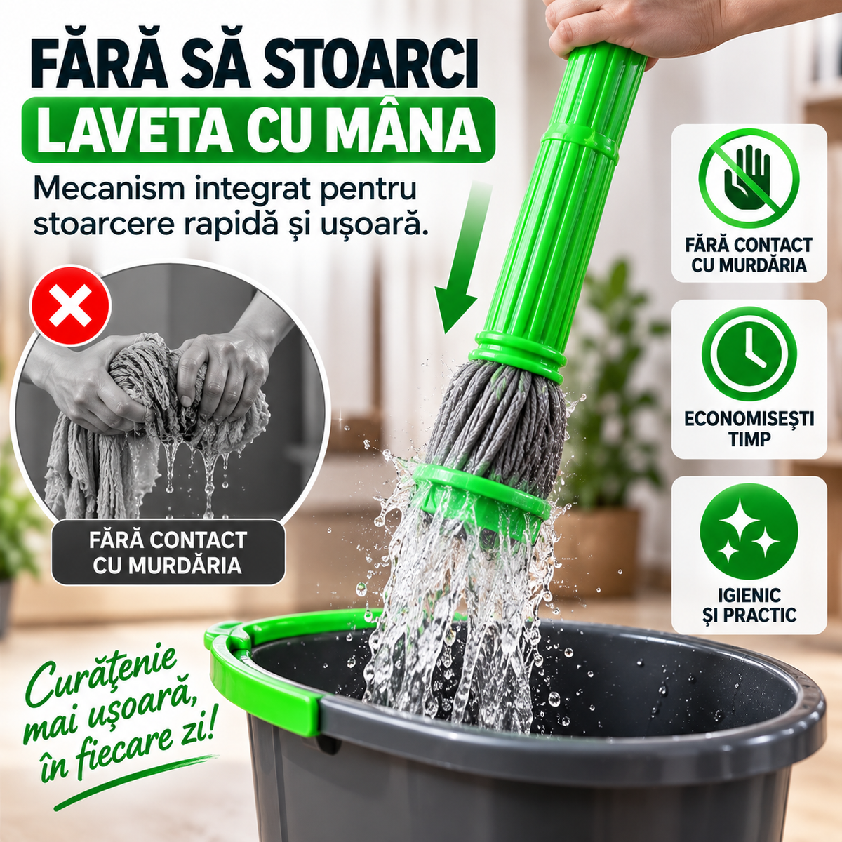 Mop Rotativ 360° cu Stoarcere Automată – Ajunge Ușor Sub Mobilă