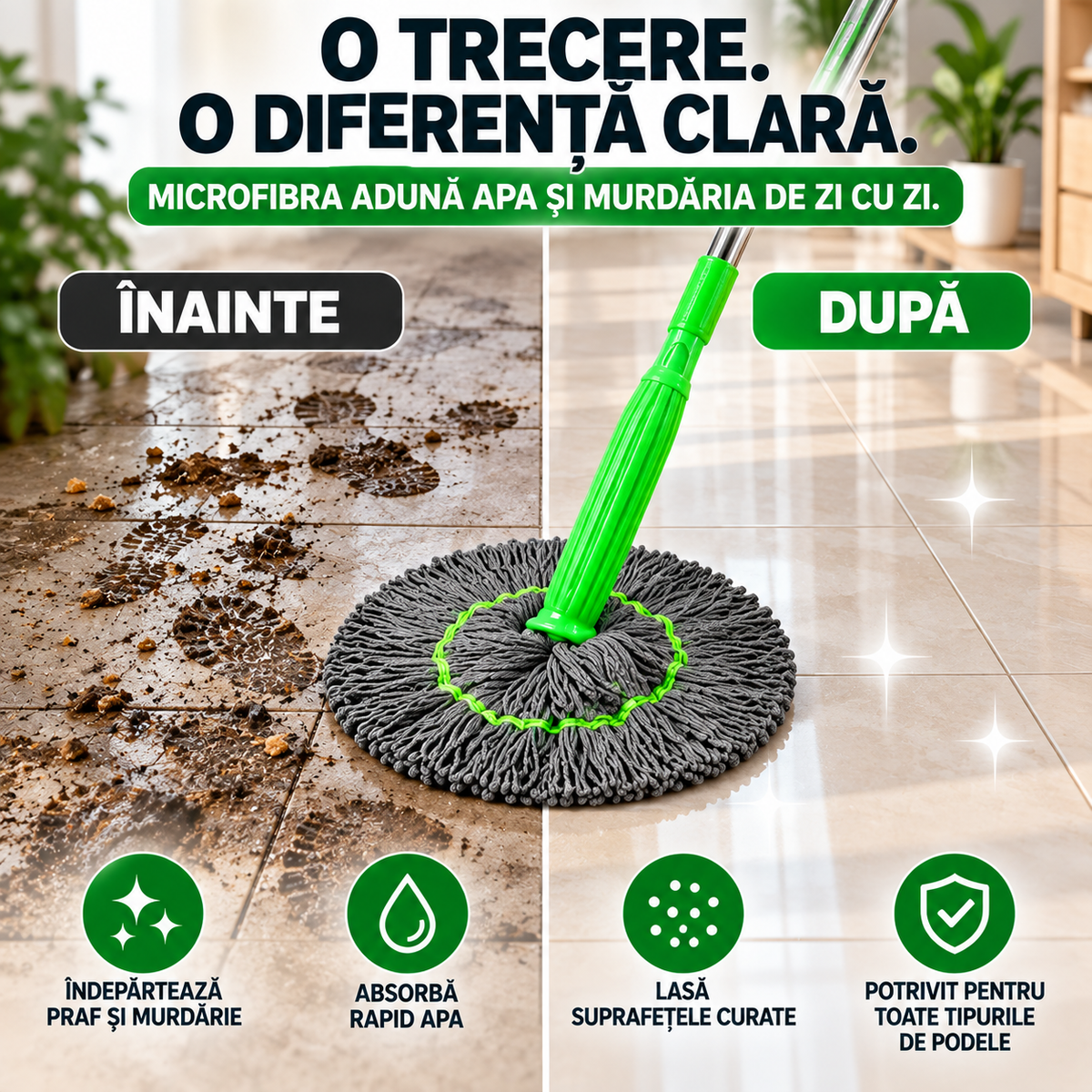 Mop Rotativ 360° cu Stoarcere Automată – Ajunge Ușor Sub Mobilă