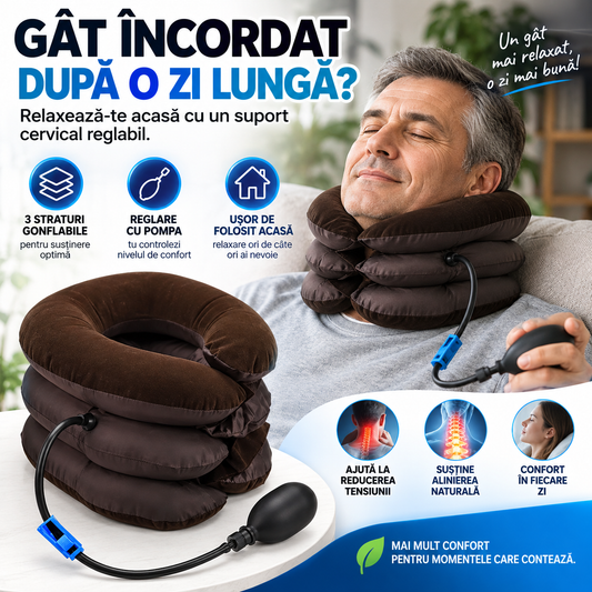 Guler Gonflabil pentru Gât – Suport Cervical Reglabil cu Pompă Manuală