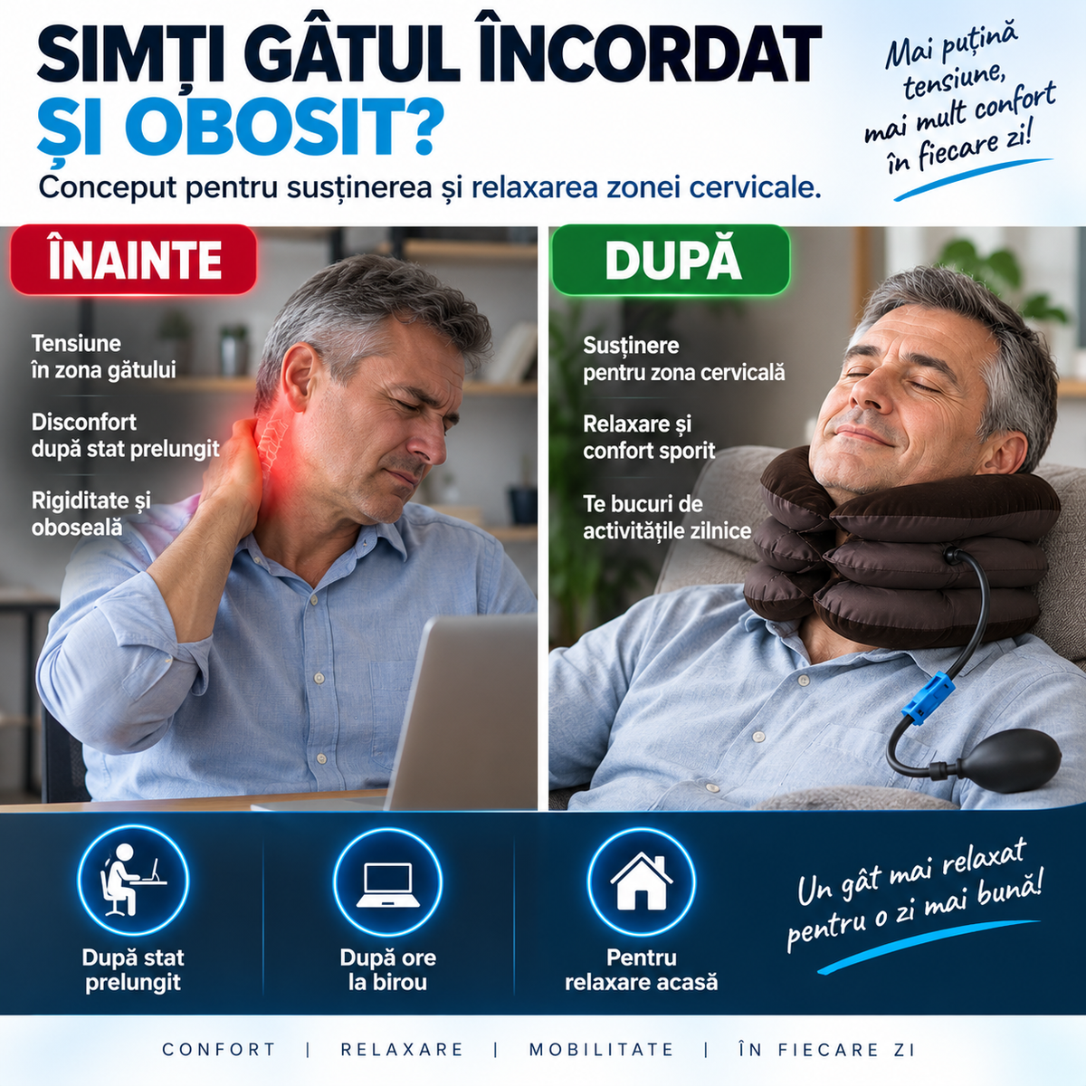 Guler Gonflabil pentru Gât – Suport Cervical Reglabil cu Pompă Manuală
