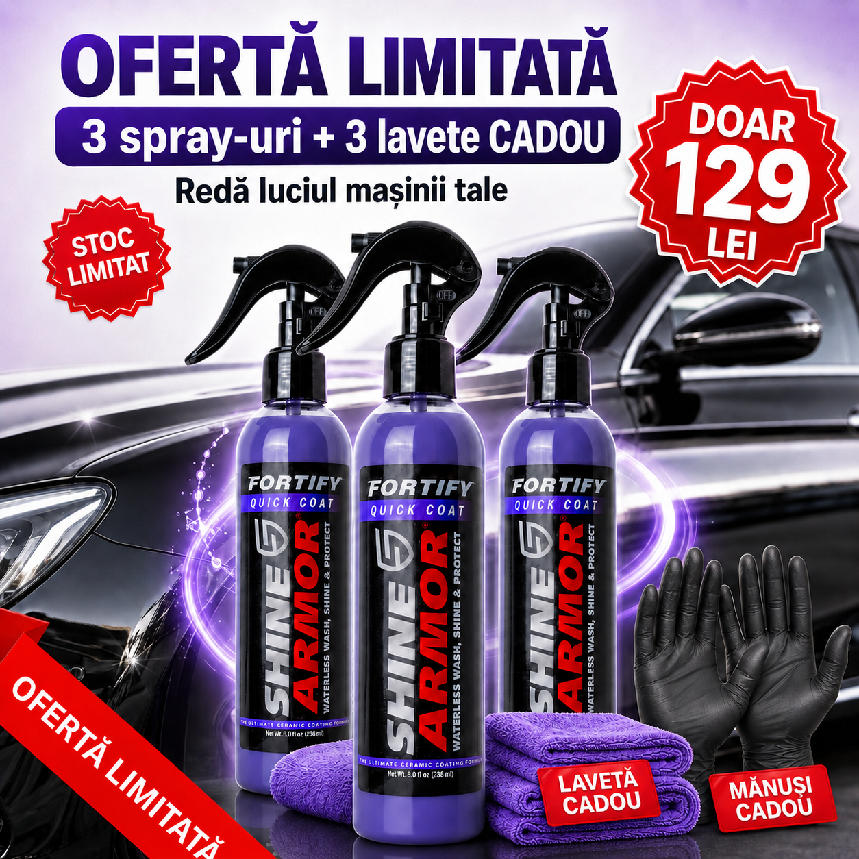 Spray Polish Ceramic Auto 3x – Aplici, ștergi și gata: luciu tip oglindă + protecție hidrofobă