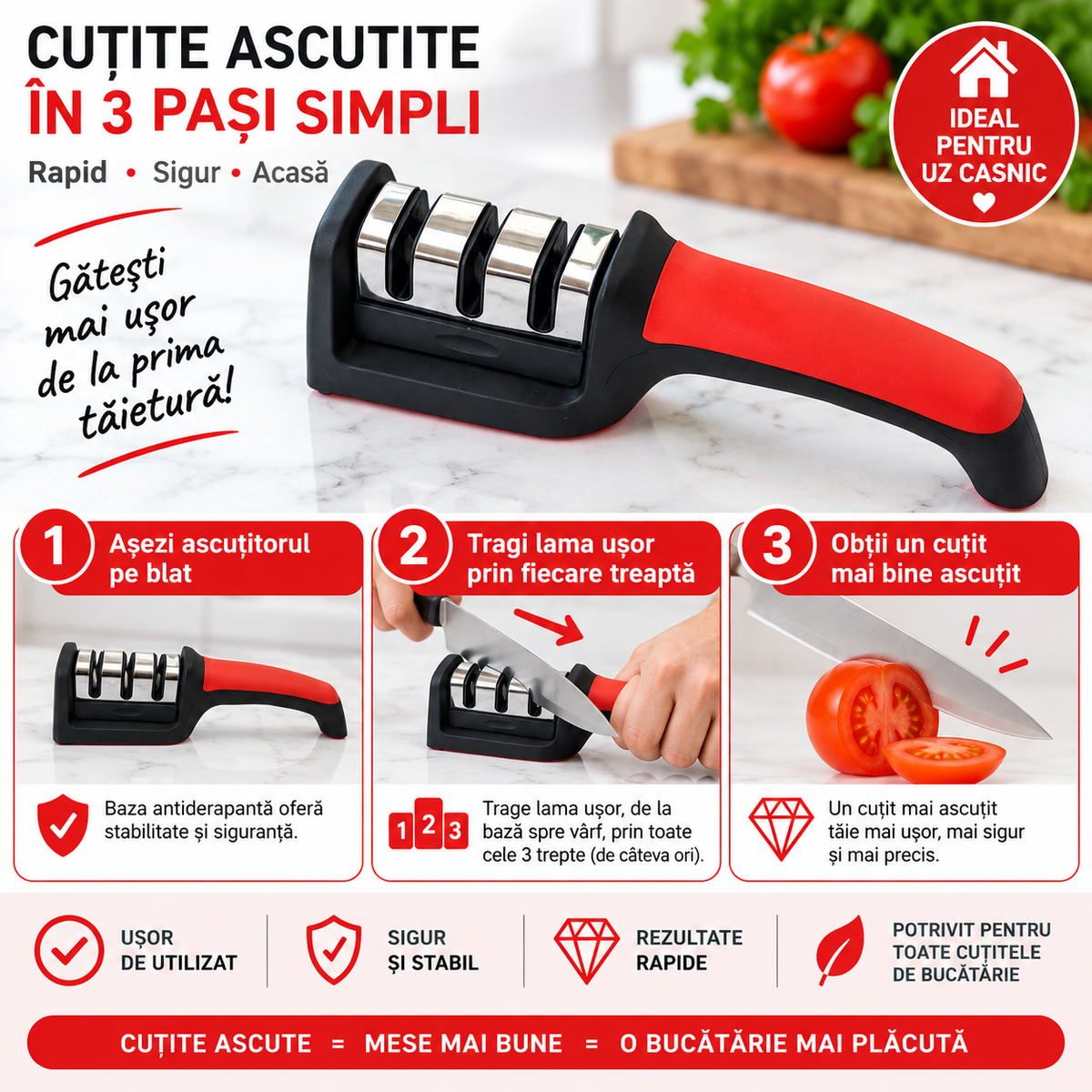 Ascuțitor Manual de Cuțite cu 3 Trepte – Rapid, Simplu și Ușor de Folosit