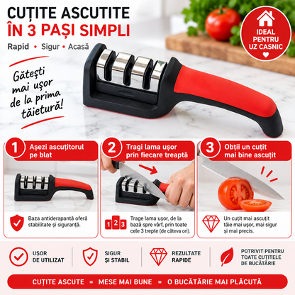 Ascuțitor Manual de Cuțite cu 3 Trepte – Rapid, Simplu și Ușor de Folosit