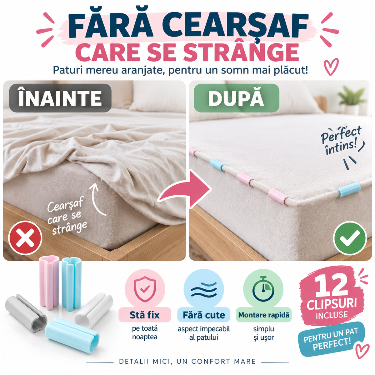 Set 12 Cleme pentru Cearșaf – Fixare Rapidă și Pat Mereu Întins