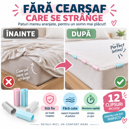 Set 12 Cleme pentru Cearșaf – Fixare Rapidă și Pat Mereu Întins