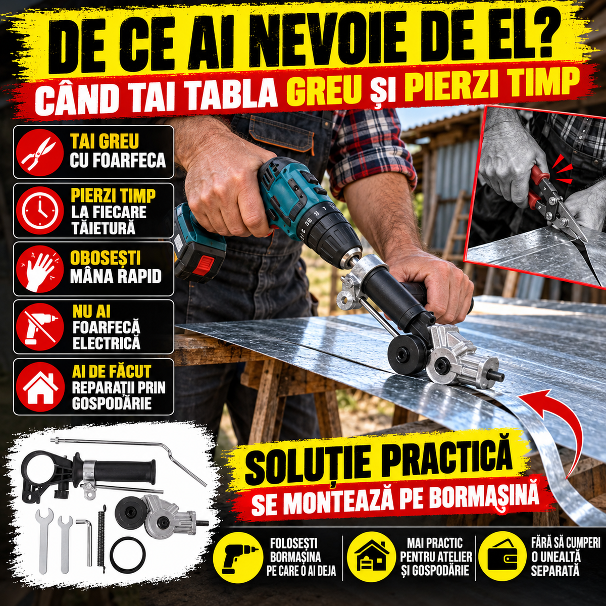 Adaptor pentru Bormașină – Tăietor de Tablă pentru Atelier și Gospodărie