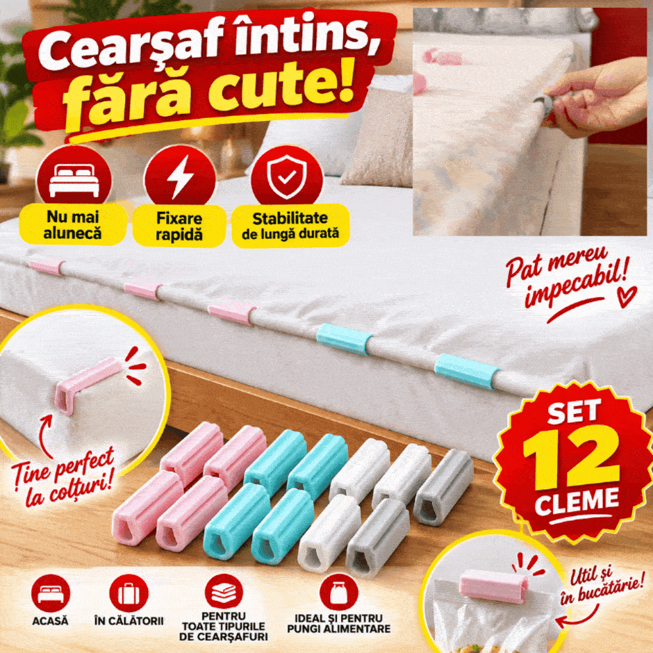 Set 12 Cleme pentru Cearșaf – Fixare Rapidă și Pat Mereu Întins