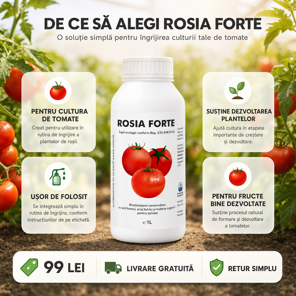 1+1 ROSIA FORTE – Biostimulator concentrat pentru roșii mari și recoltă bogată