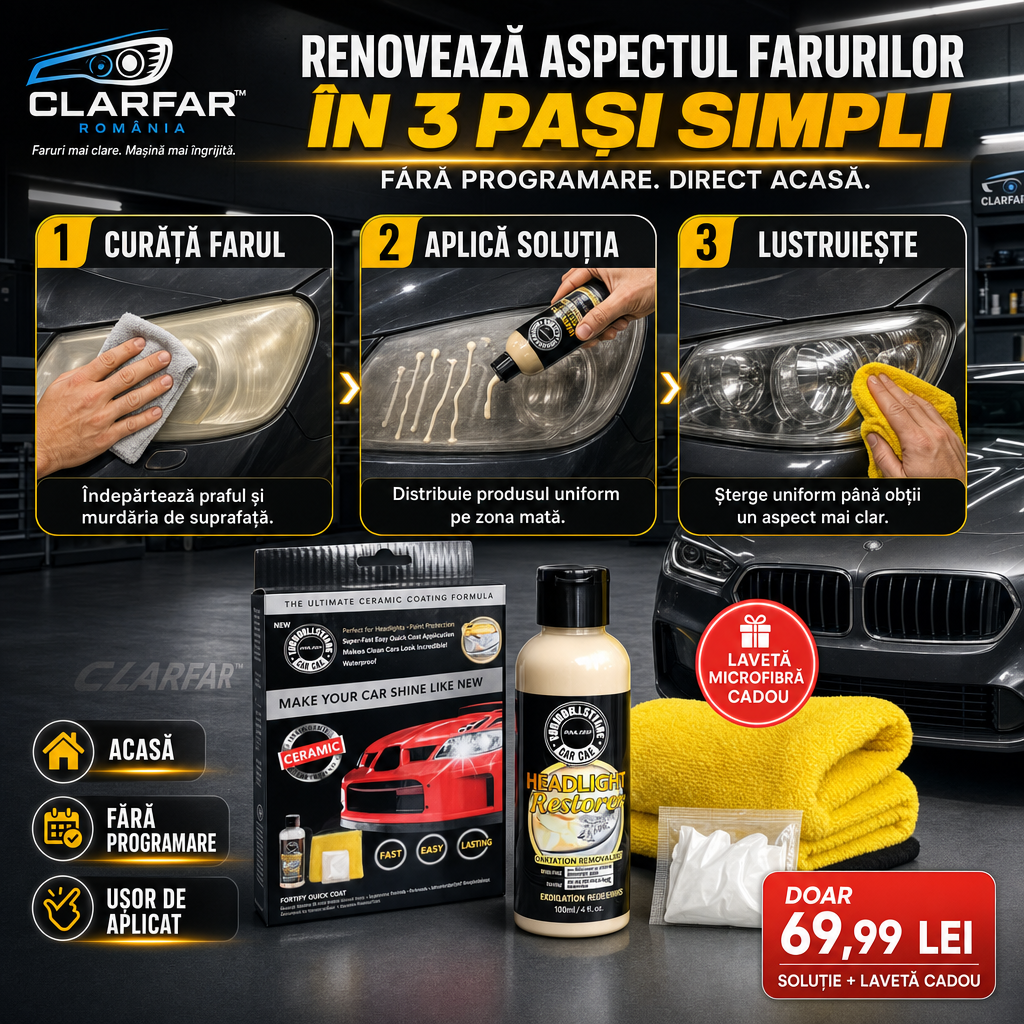 CLARFAR™ – Soluție pentru Renovarea Farurilor Auto + Lavetă Microfibră Cadou