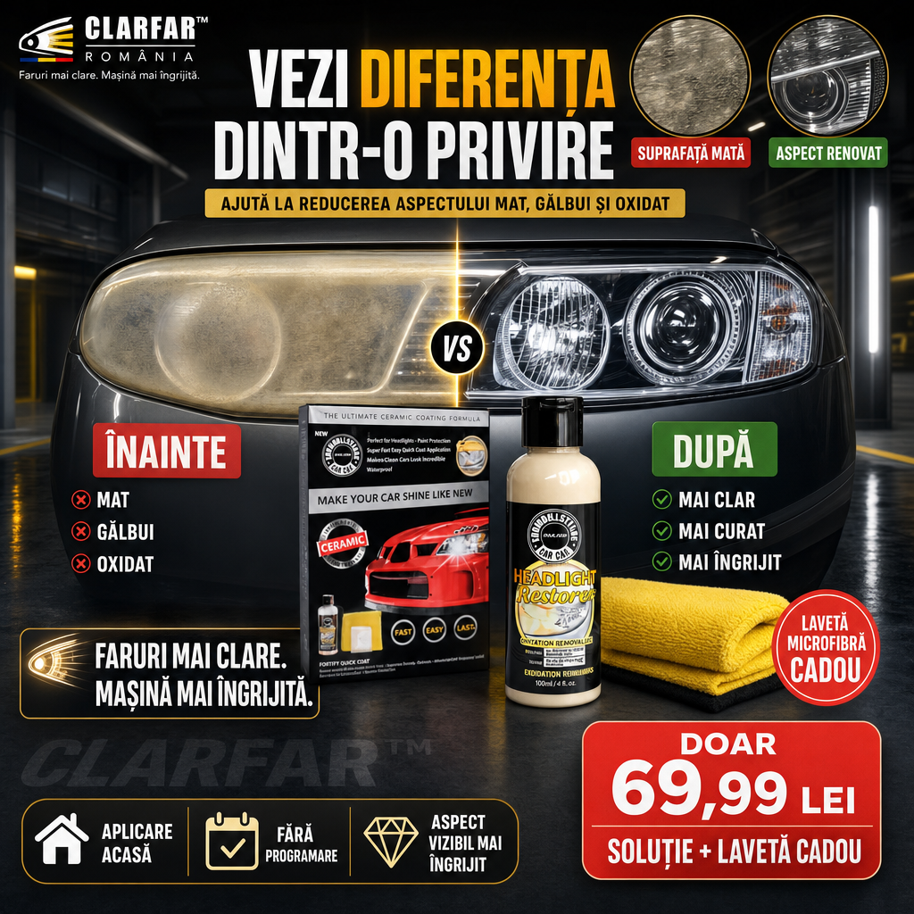 CLARFAR™ – Soluție pentru Renovarea Farurilor Auto + Lavetă Microfibră Cadou