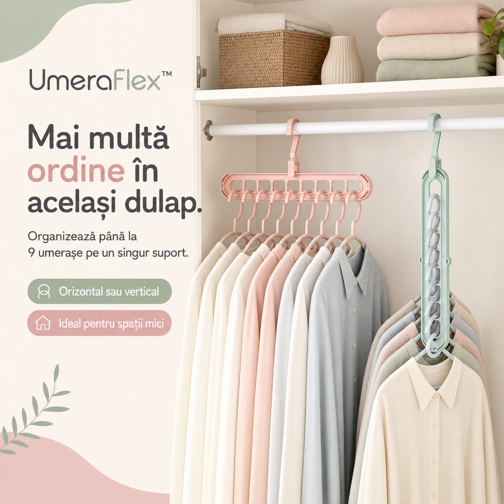 UmeraFlex™ – Suport Pliabil pentru 9 Umerașe, cu Organizare Verticală și Orizontală