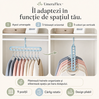 UmeraFlex™ – Suport Pliabil pentru 9 Umerașe, cu Organizare Verticală și Orizontală