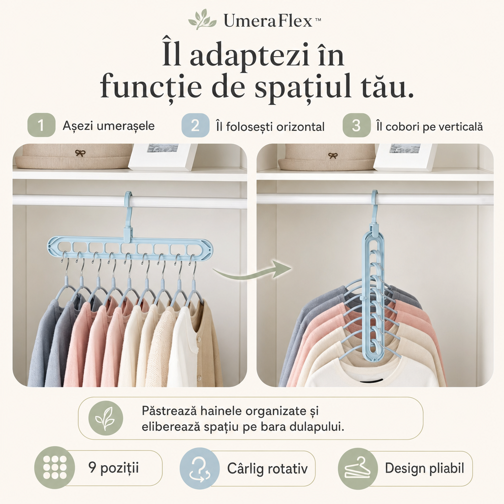 UmeraFlex™ – Suport Pliabil pentru 9 Umerașe, cu Organizare Verticală și Orizontală