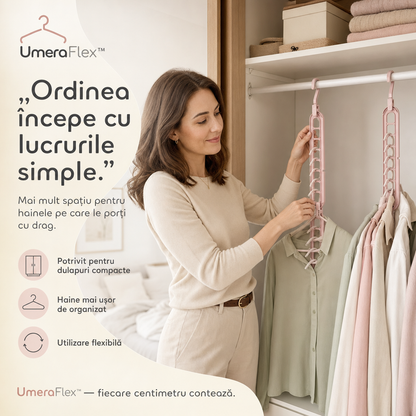 UmeraFlex™ – Suport Pliabil pentru 9 Umerașe, cu Organizare Verticală și Orizontală