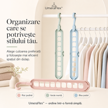 UmeraFlex™ – Suport Pliabil pentru 9 Umerașe, cu Organizare Verticală și Orizontală