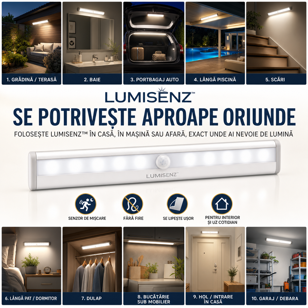 LUMISENZ™ – Lampă LED Inteligentă cu Senzor de Mișcare, Fără Fire