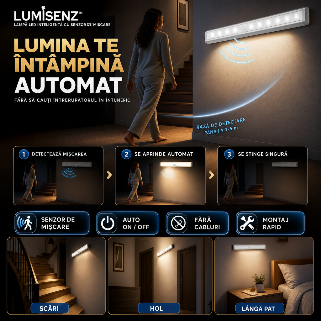 LUMISENZ™ – Lampă LED Inteligentă cu Senzor de Mișcare, Fără Fire