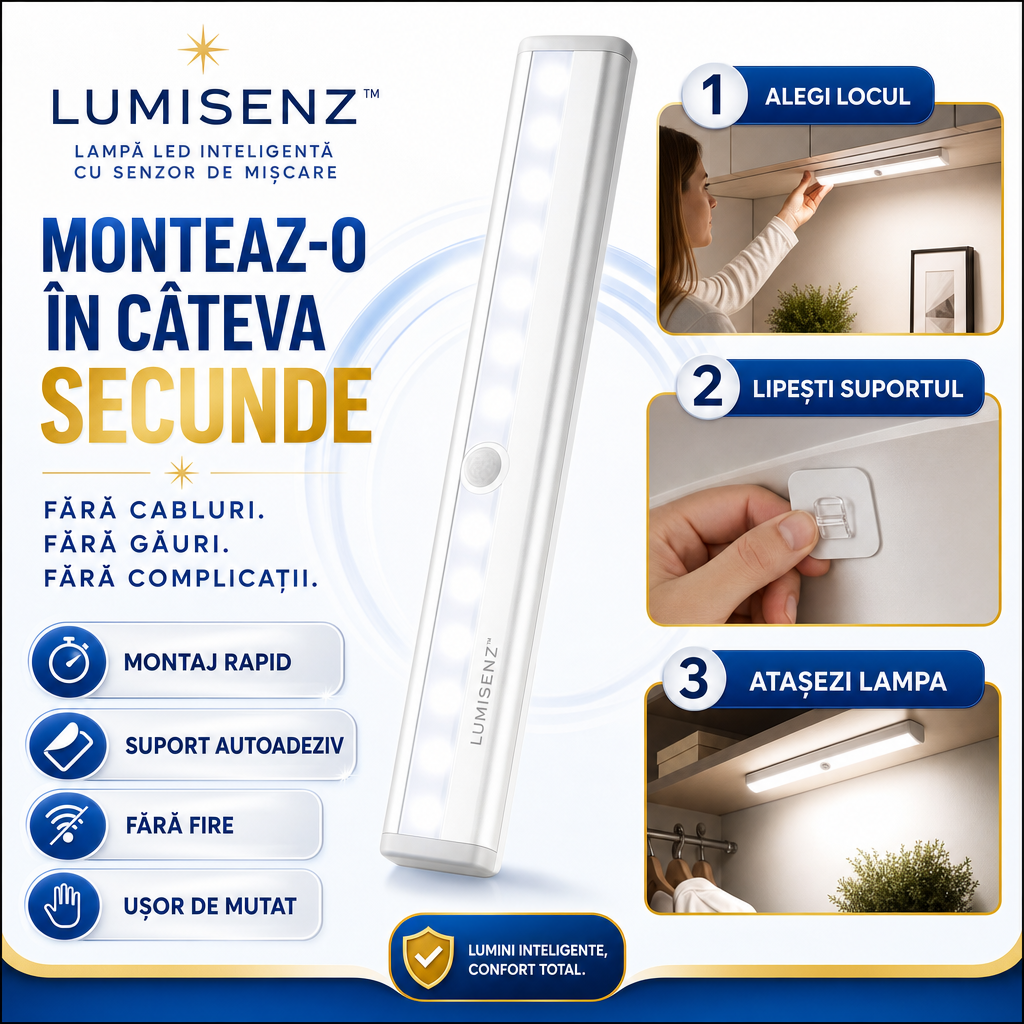LUMISENZ™ – Lampă LED Inteligentă cu Senzor de Mișcare, Fără Fire
