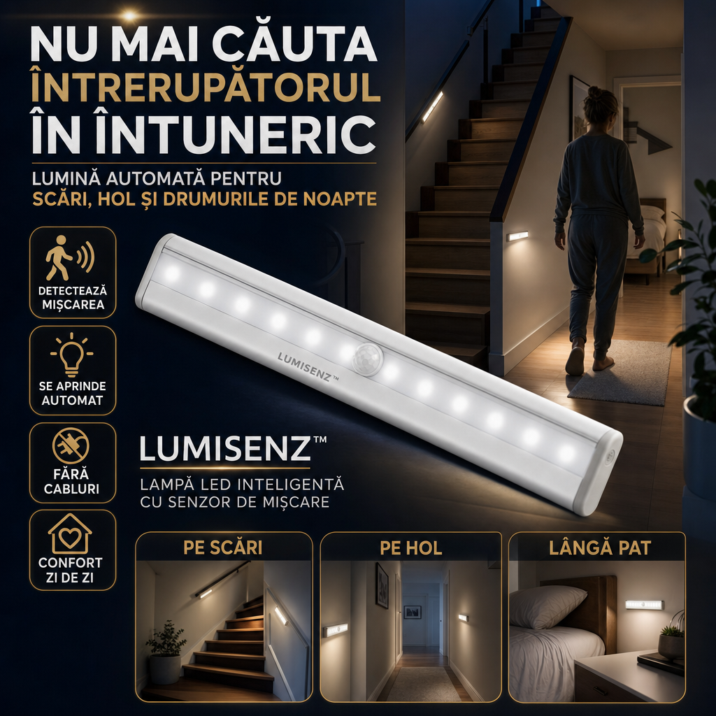 LUMISENZ™ – Lampă LED Inteligentă cu Senzor de Mișcare, Fără Fire