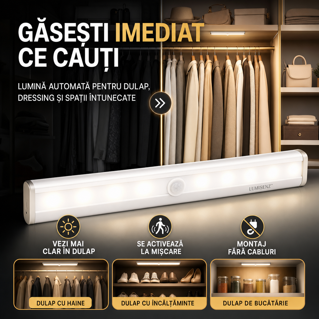LUMISENZ™ – Lampă LED Inteligentă cu Senzor de Mișcare, Fără Fire