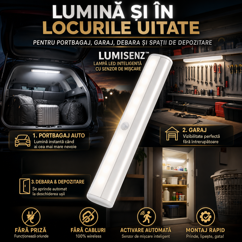 LUMISENZ™ – Lampă LED Inteligentă cu Senzor de Mișcare, Fără Fire