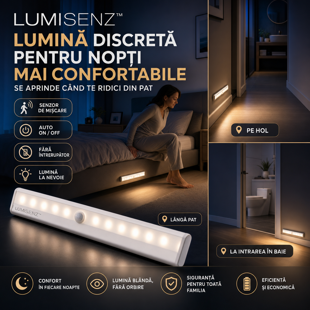 LUMISENZ™ – Lampă LED Inteligentă cu Senzor de Mișcare, Fără Fire