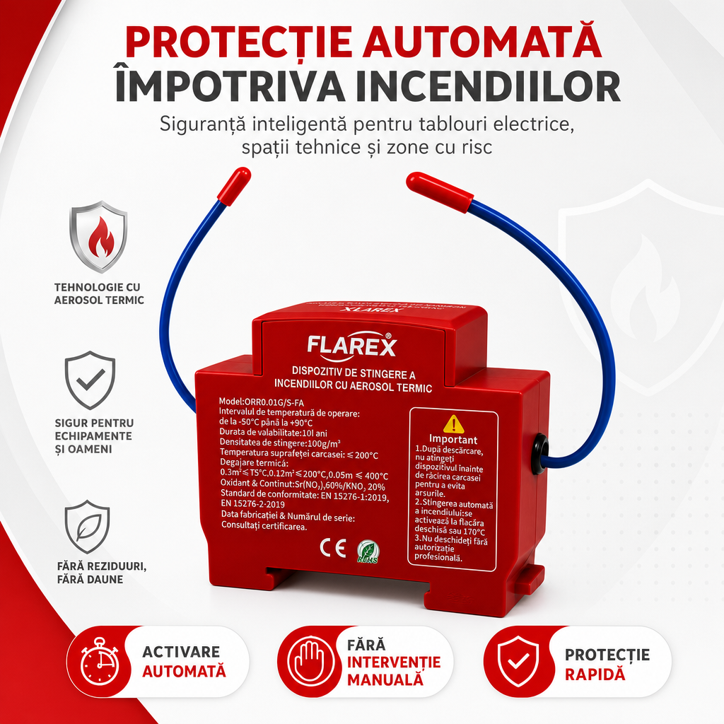 FLAREX™ – Dispozitiv Automat de Stingere cu Aerosol Termic pentru Tablouri Electrice și Spații Tehnice
