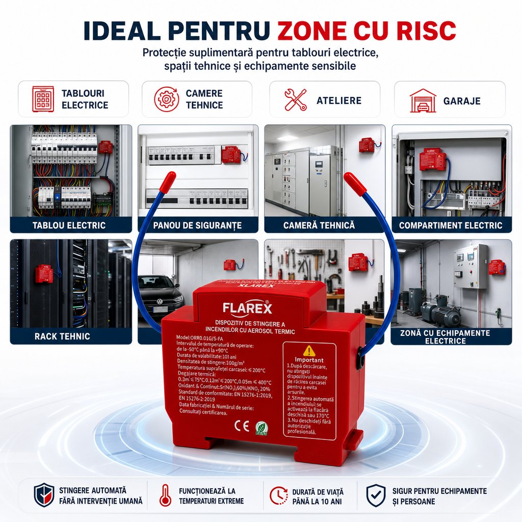 FLAREX™ – Dispozitiv Automat de Stingere cu Aerosol Termic pentru Tablouri Electrice și Spații Tehnice